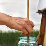 Crop faceless female artist cleaning paintbrush in dirty water in glass jar while drawing in grassy nature